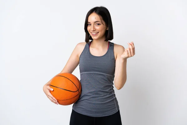Giovane Donna Che Gioca Basket Isolato Sfondo Bianco Facendo Gesto — Foto Stock