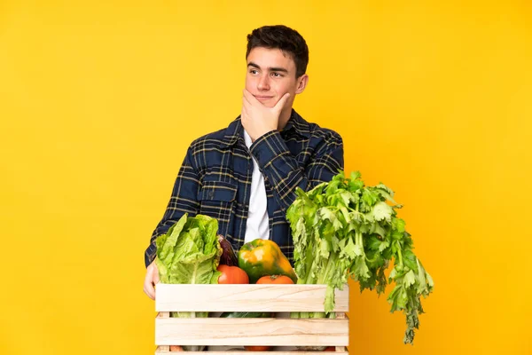 Hombre Adolescente Granjero Con Verduras Recién Recogidas Una Caja Pensando — Foto de Stock