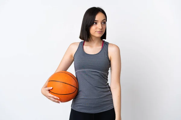 Young Woman Playing Basketball Isolated White Background Looking Side — Stock Photo, Image