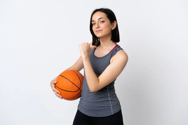 Young Woman Playing Basketball Isolated White Background Proud Self Satisfied — Stock Photo, Image