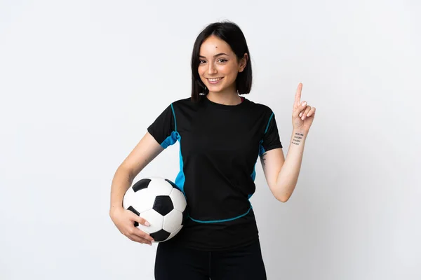 Молодая Женщина Футболист Изолированы Белом Фоне Показывая Поднимая Палец Знак — стоковое фото