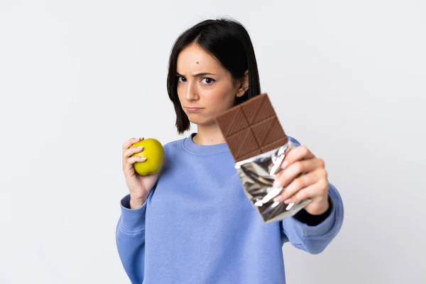 Ung Kaukasisk Kvinna Isolerad Vit Bakgrund Tar Chokladtablett Ena Handen — Stockfoto