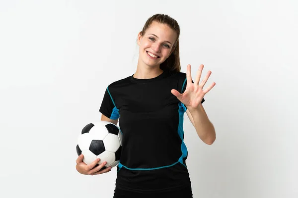 Joven Futbolista Mujer Aislada Sobre Fondo Blanco Contando Cinco Con —  Fotos de Stock