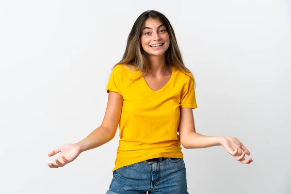 Mulher Caucasiana Jovem Isolado Fundo Branco Feliz Sorrindo — Fotografia de Stock