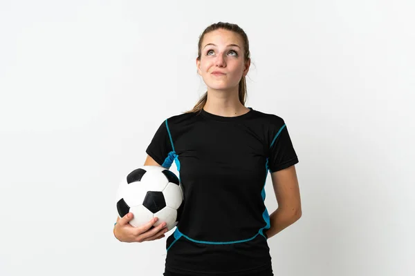 Jonge Voetballer Vrouw Geïsoleerd Witte Achtergrond Zoek Omhoog — Stockfoto
