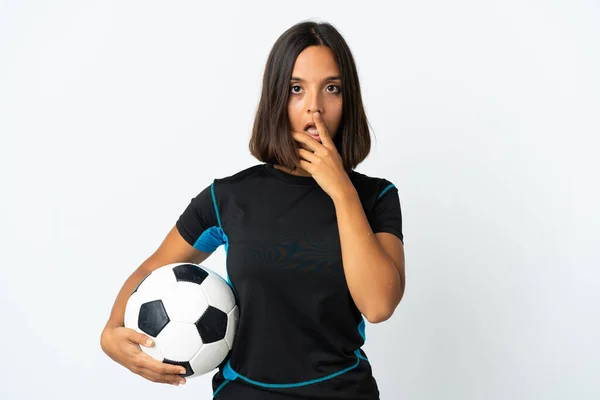 Beyaz Arka Planda Izole Edilmiş Genç Bir Futbolcu Kadın Sağa — Stok fotoğraf