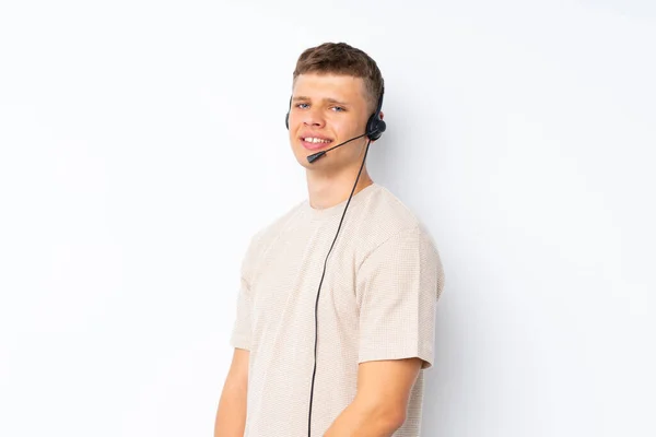 Young Handsome Man Isolated White Background Working Headset — Stock Photo, Image