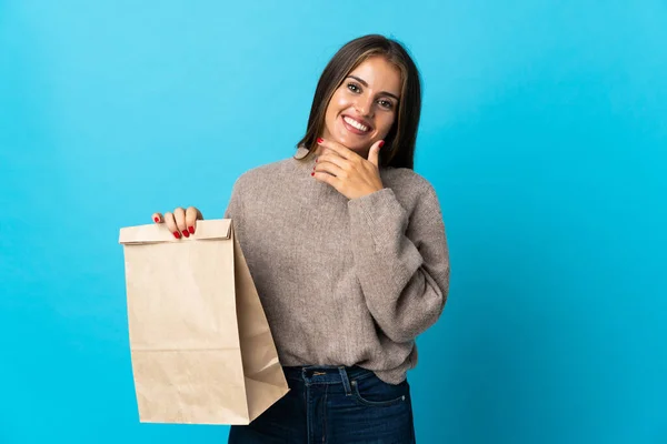 Frau Nimmt Eine Tüte Mit Essen Zum Mitnehmen Isoliert Auf — Stockfoto