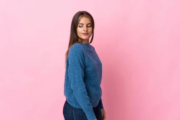 Mujer Uruguaya Joven Aislada Sobre Fondo Rosa Retrato — Foto de Stock