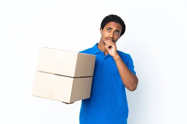 Delivery African American Man Braids Isolated White Background Looking — Stock Photo, Image