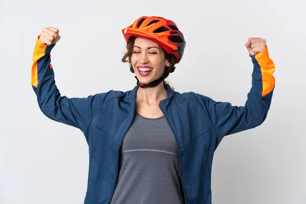 Junge Radfahrerin Auf Weißem Hintergrund Isoliert Und Macht Starke Geste — Stockfoto