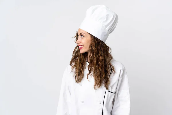 Jonge Chef Kok Vrouw Geïsoleerd Witte Achtergrond Zoek Kant — Stockfoto