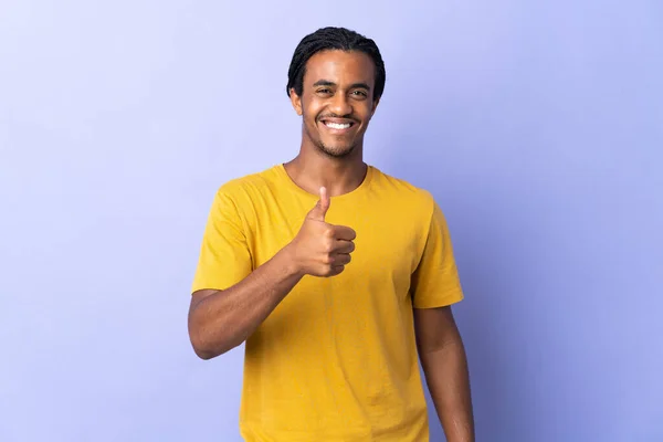 Young African American Man Braids Man Isolated Purple Background Giving — Stock Photo, Image