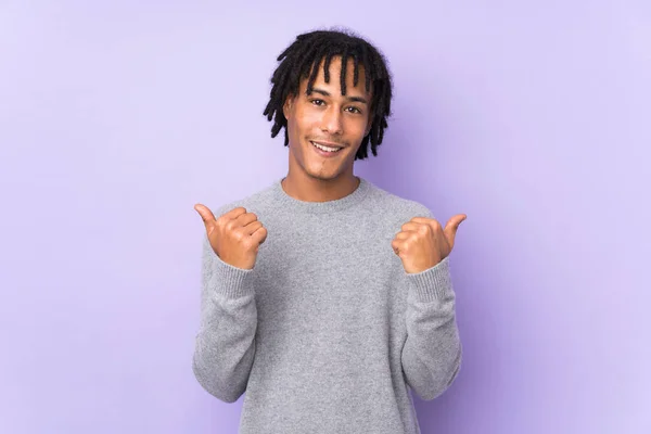 Young African American Man Isolated Purple Background Thumbs Gesture Smiling — Stock Photo, Image