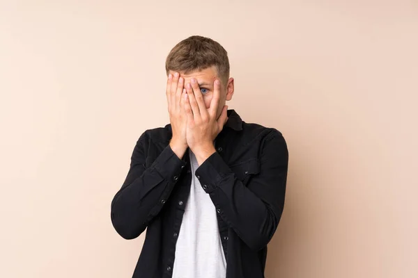 Young Handsome Man Covering Eyes Looking Fingers — Stock Photo, Image