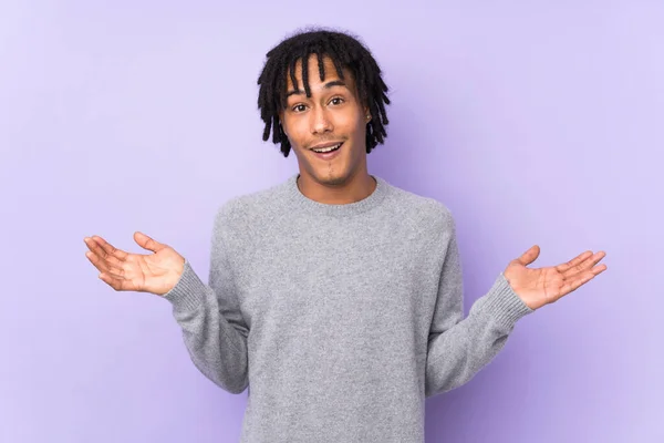 Young African American Man Isolated Purple Background Shocked Facial Expression — Stock Photo, Image
