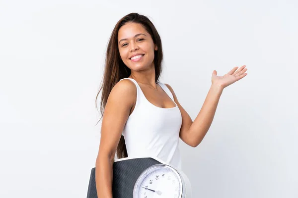 Young Brazilian Girl Holding Scale Isolated Background Weighing Machine — Stock Photo, Image