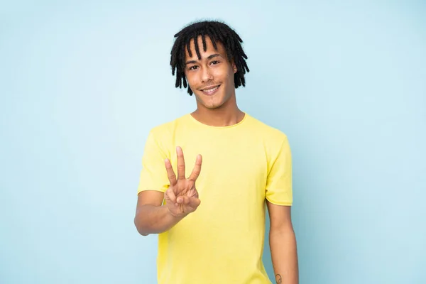 Young African American Man Isolated Blue Background Happy Counting Three — Stock Photo, Image