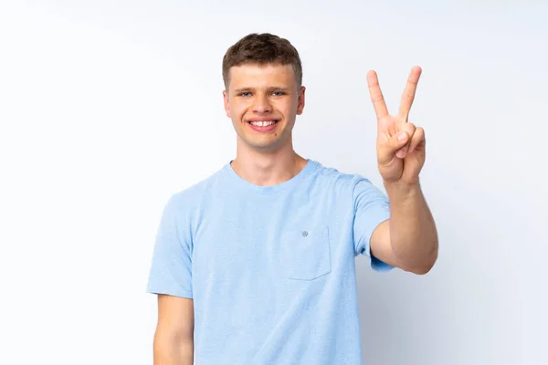 Joven Hombre Guapo Sobre Fondo Blanco Aislado Sonriendo Mostrando Signo — Foto de Stock