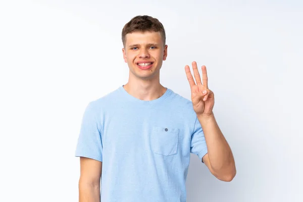 Молодой Красивый Мужчина Изолированном Белом Фоне Счастлив Считать Троих Пальцами — стоковое фото