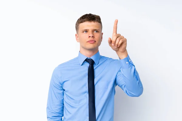 Young Handsome Businessman Touching Transparent Screen — Stock Photo, Image
