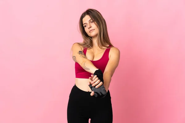 Young Slovak Woman Isolated Pink Background Stretching Arm — Φωτογραφία Αρχείου