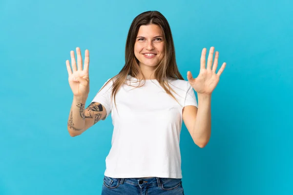 Jong Slovak Vrouw Geïsoleerd Blauwe Achtergrond Tellen Negen Met Vingers — Stockfoto