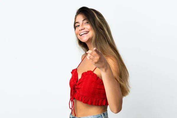 Jeune Femme Caucasienne Isolée Sur Fond Blanc Pointant Devant Avec — Photo