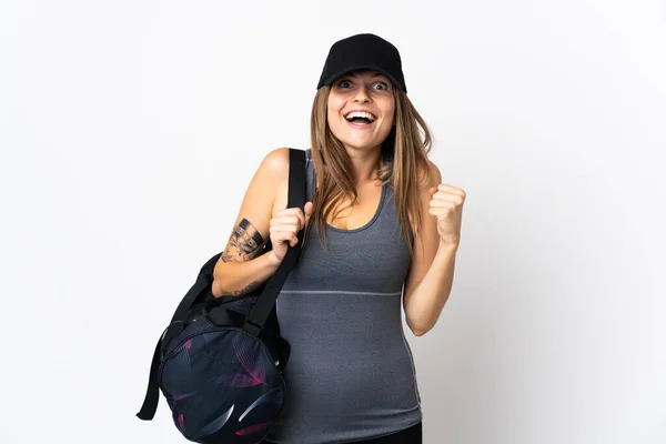 Joven Mujer Eslovaca Deportiva Con Bolsa Deporte Sobre Fondo Aislado — Foto de Stock