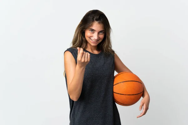 Jeune Femme Jouant Basket Isolé Sur Fond Blanc Faisant Geste — Photo