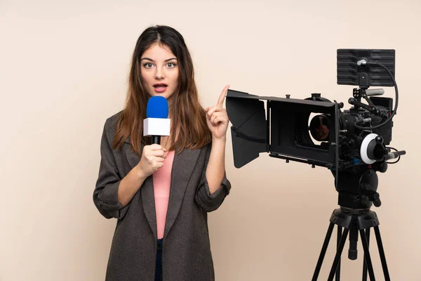 Elinde Mikrofon Tutan Arka Planda Haber Sunan Gazeteci Kadın Işaret — Stok fotoğraf