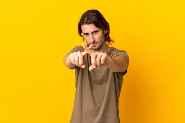 Young Handsome Man Isolated Yellow Background Making Stop Gesture Her — Stock Photo, Image