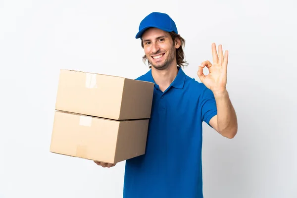 Entrega Homem Isolado Fundo Branco Mostrando Sinal Com Dedos — Fotografia de Stock