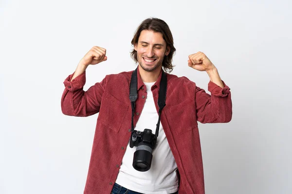 Joven Fotógrafo Aislado Sobre Fondo Blanco Haciendo Gesto Fuerte —  Fotos de Stock