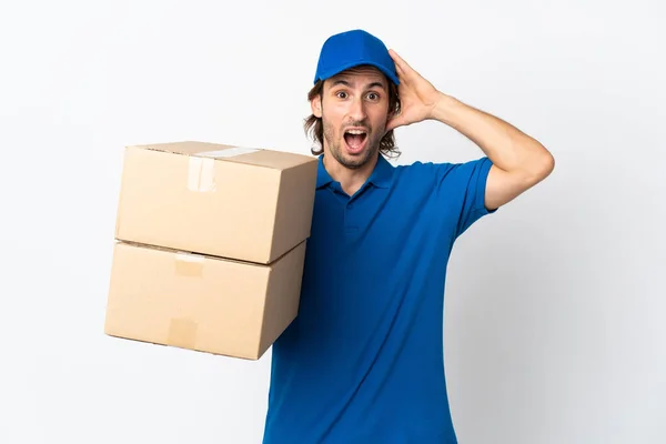 Delivery Man Isolated White Background Surprise Expression — Stock Photo, Image