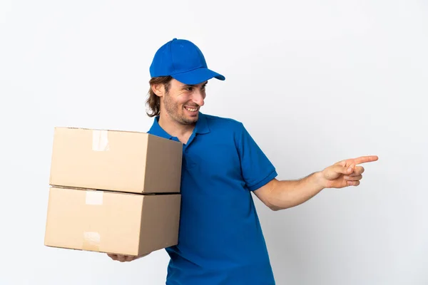 Delivery Man Isolated White Background Pointing Finger Side Presenting Product — Stock Photo, Image