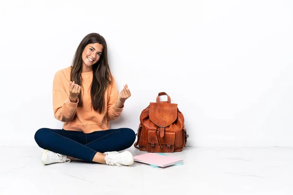 Giovane Studentessa Brasiliana Seduta Sul Pavimento Fare Soldi Gesto — Foto Stock