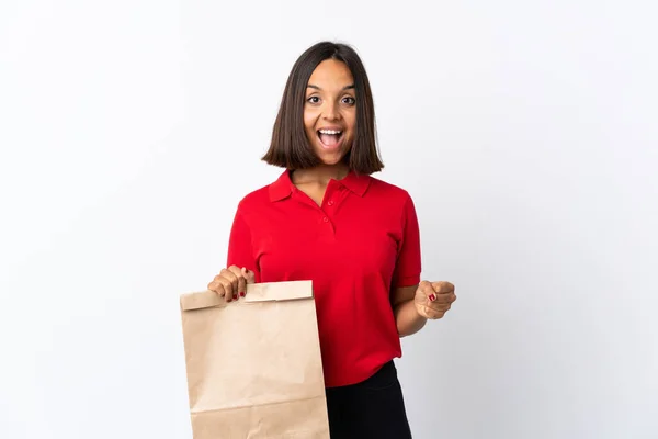 Young Latin Woman Holding Grocery Shopping Bag Isolated White Background — Stock Photo, Image