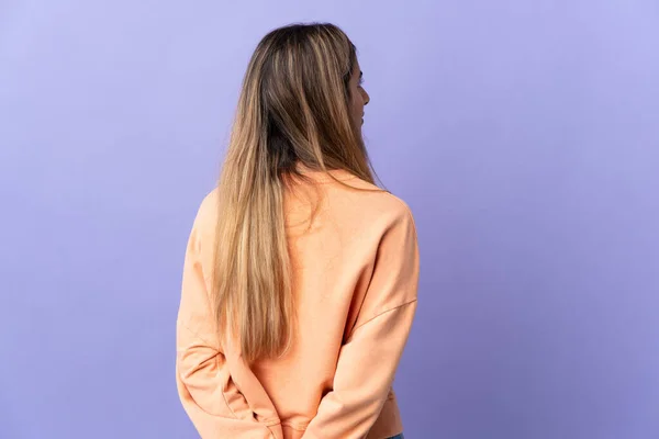 Young Hispanic Woman Isolated Purple Background Back Position Looking Back — Stock Photo, Image