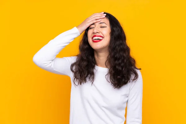 Mixed Race Woman Isolated Yellow Background Laughing — Stock Photo, Image