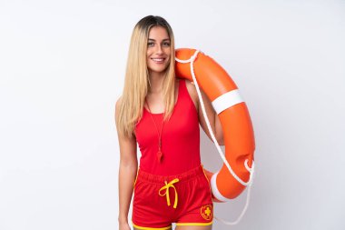 Cankurtaran kadın izole edilmiş beyaz arka planda gülümsüyor.