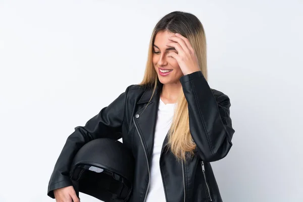 Giovane Donna Uruguaiana Con Casco Moto Sfondo Bianco Isolato Ridere — Foto Stock