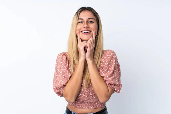 Young Uruguayan Woman Isolated White Background Smiling Happy Pleasant Expression — Stock Photo, Image