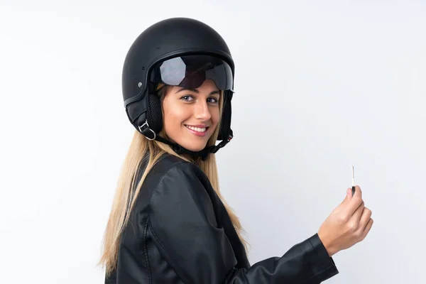 Jovem Uruguaia Com Capacete Motocicleta Sobre Fundo Branco Isolado — Fotografia de Stock