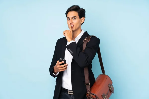 Businessman Isolated Blue Background Doing Silence Gesture — Stock Photo, Image