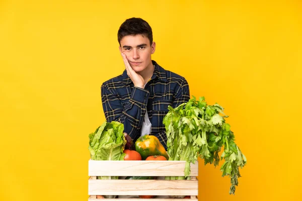 Adolescente Granjero Hombre Con Verduras Recién Recogidas Una Caja Infeliz — Foto de Stock