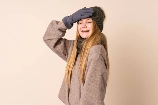 Teenager Ukrainian Girl Winter Hat Isolated Beige Background Laughing — Stock Photo, Image