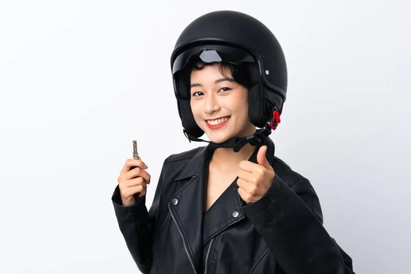 Jong Aziatisch Meisje Met Een Motorfiets Helm Een Sleutel Geïsoleerde — Stockfoto