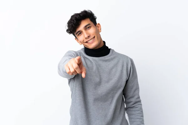 Joven Argentino Sobre Fondo Blanco Aislado Señala Con Dedo Con — Foto de Stock