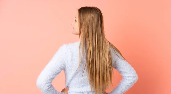 Teenager Ukrainian Girl Isolated Pink Background Back Position Looking Back — Stock Photo, Image